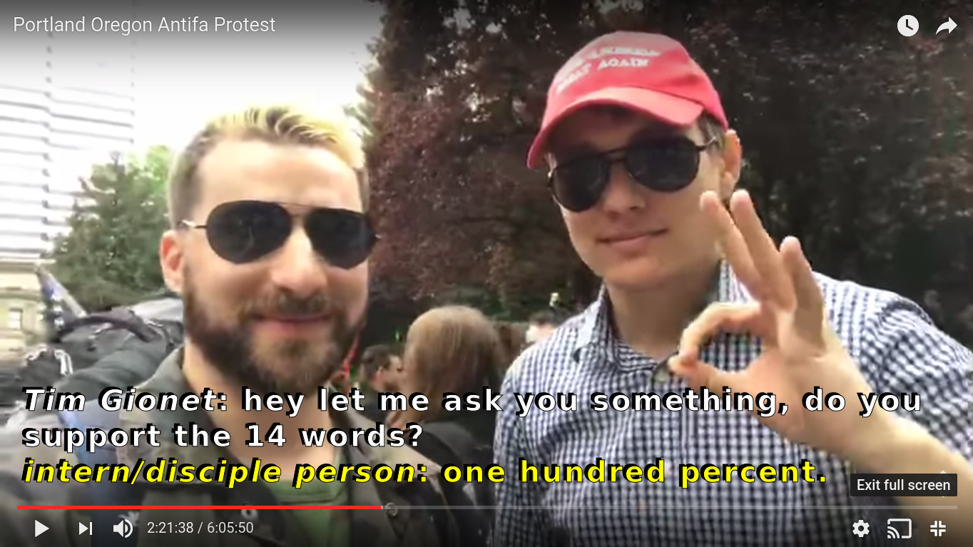 Joey Gibson’s keynote speaker for 6/4, Baked Alaska asks his assistant whether he supports the 14 words