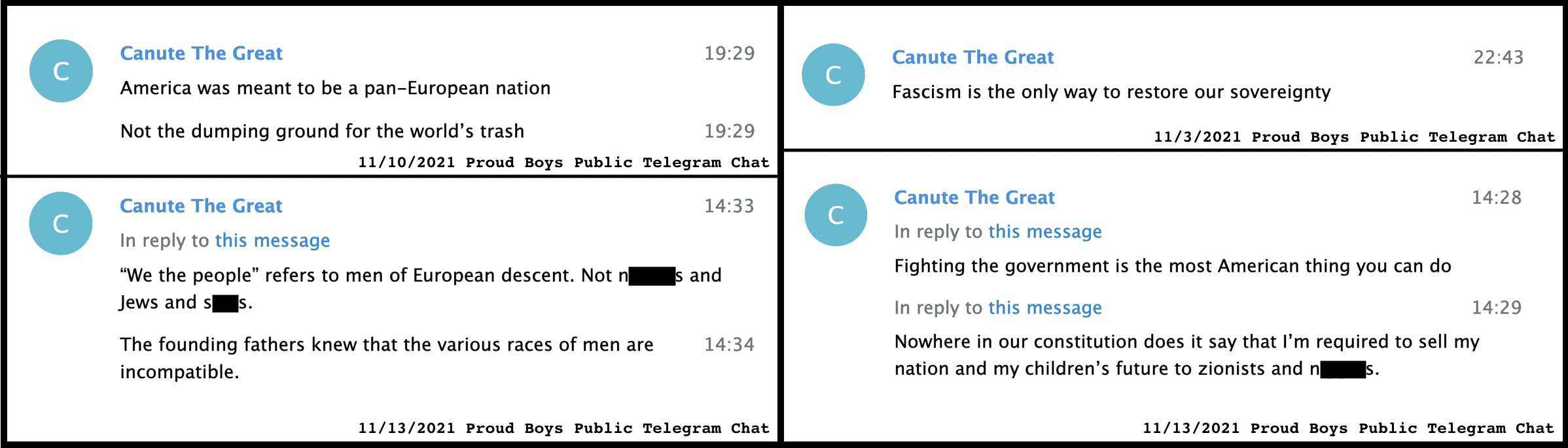 - IMAGE - Screencaps of white nationalist messages posted in Telegram by Casey Knuteson
