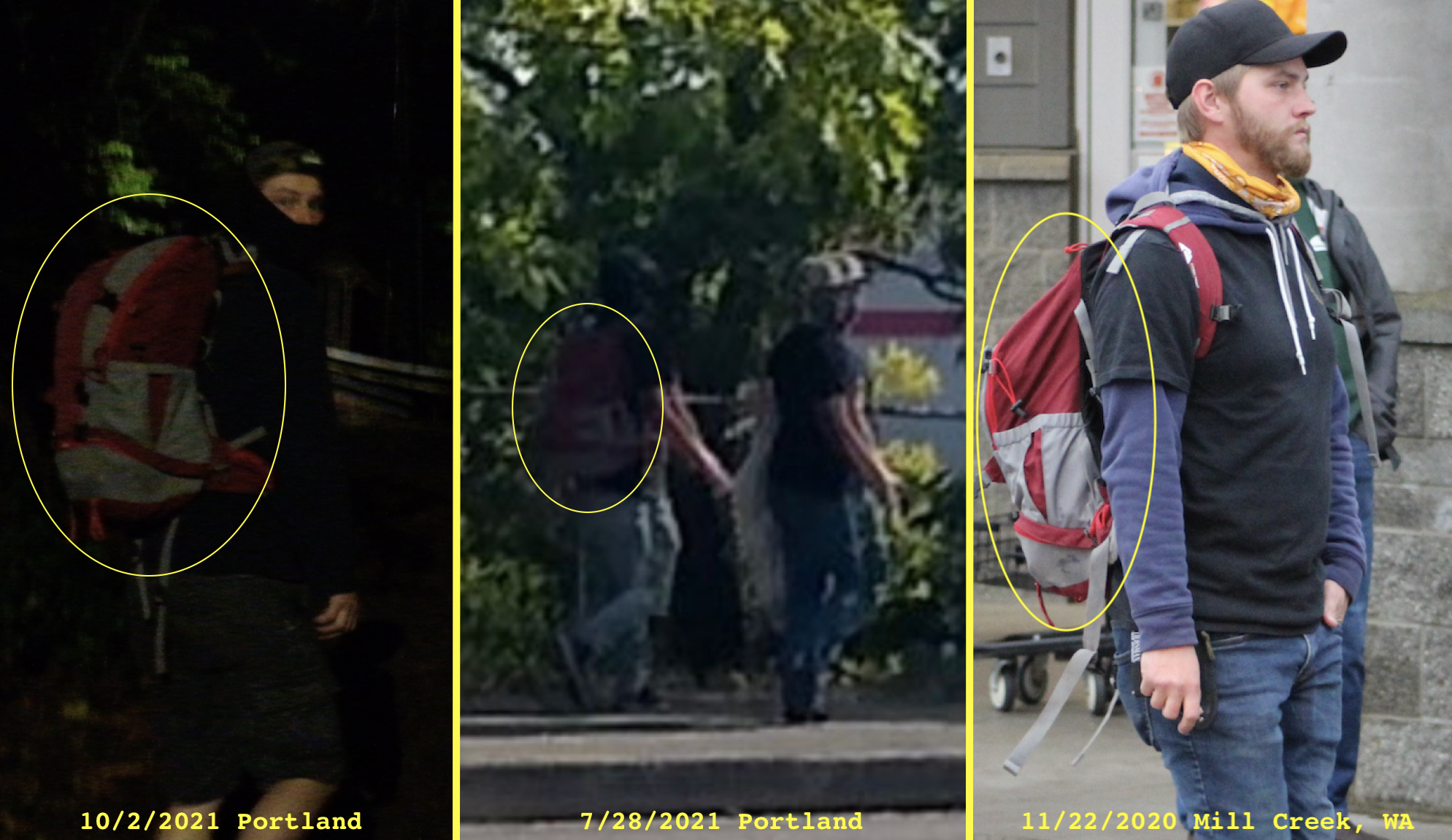 - IMAGE - Comparisons of multiple instances of Knuteson wearing the same backpack while engaging in Patriot Front activity
