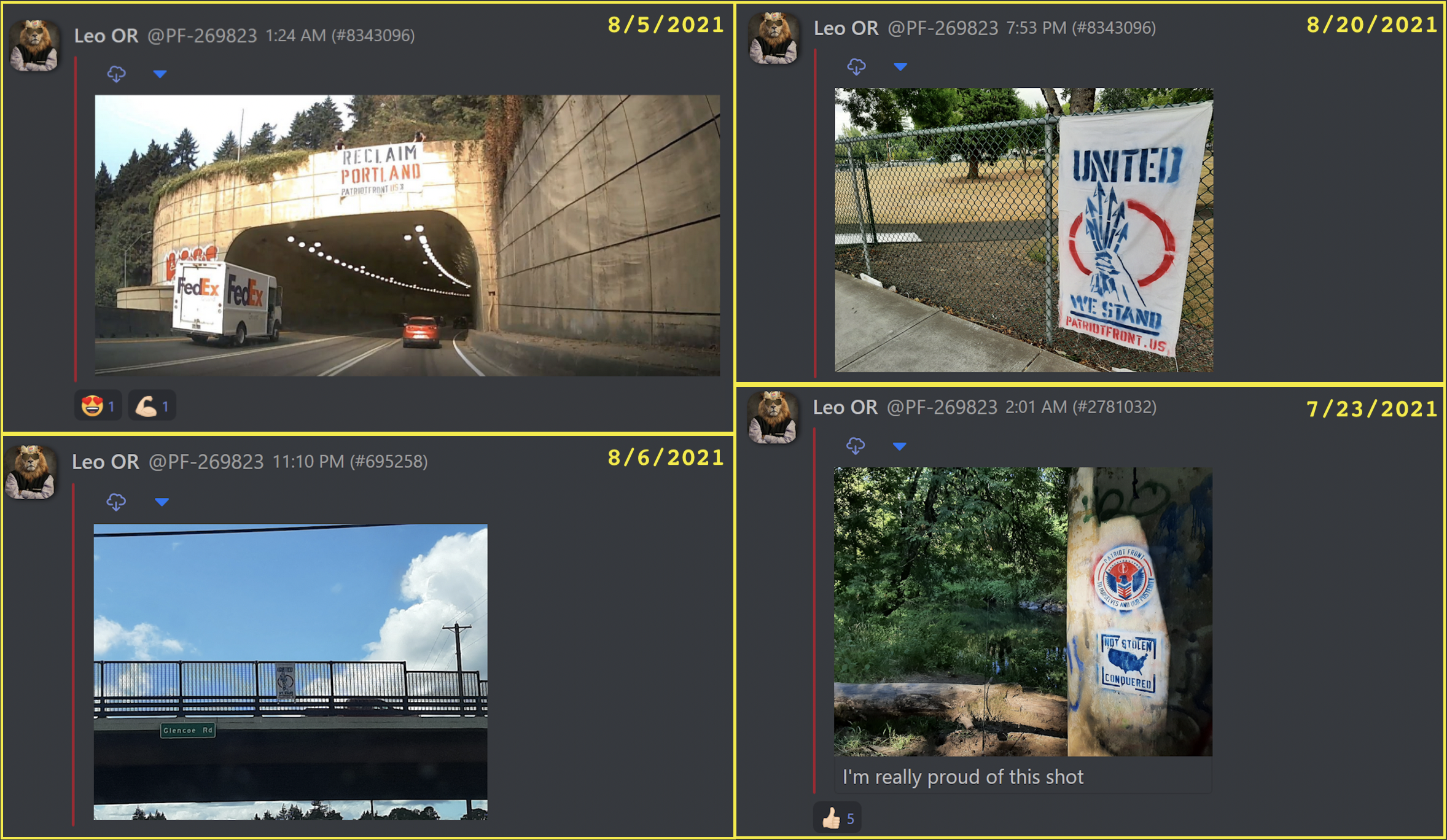 - IMAGE - Four images of Knuteson posting photos of his Patriot Front banners/stencils