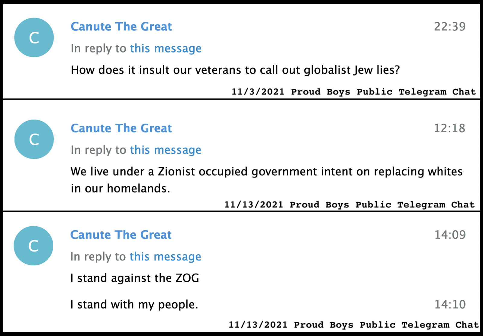 - IMAGE - Screencaps of anti-Semitic messages posted in Telegram by Casey Knuteson
