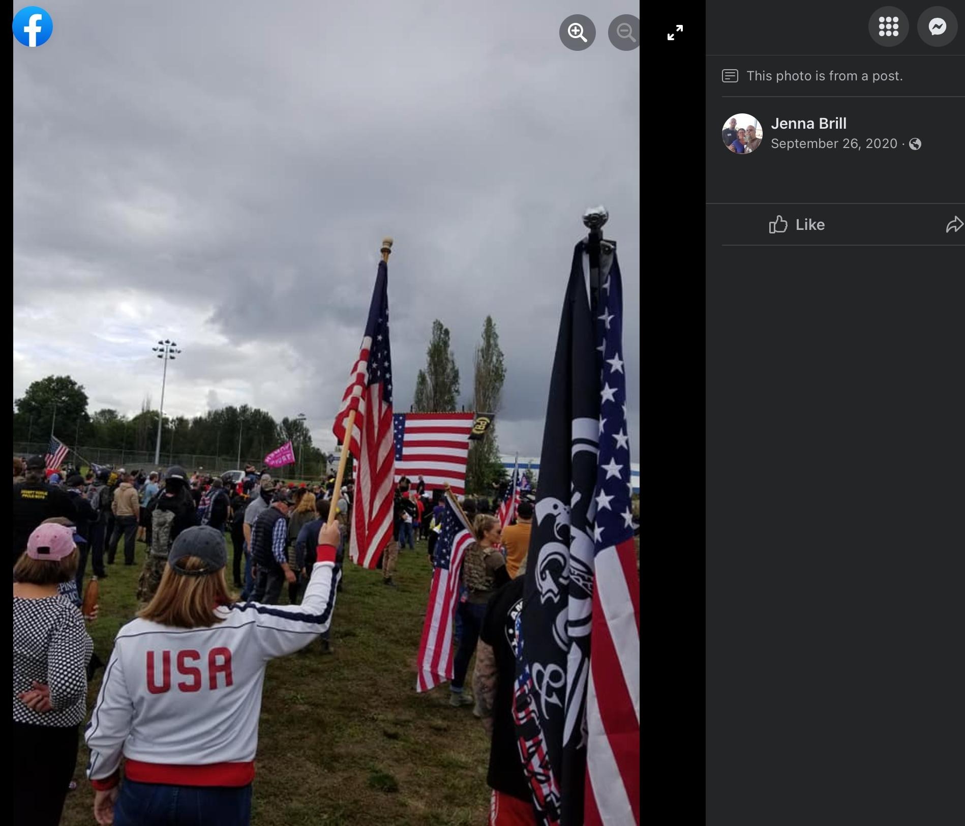 Picture posted on Jenna Brill's Facebook account from the September 26, 2020 Proud Boys event at Delta Park.