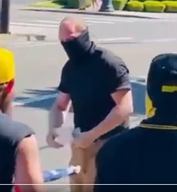 Picture of Michael Dorsey after being partially unmasked in Oregon City after a brawl with Proud Boys during Oregon City's Pride celebration.