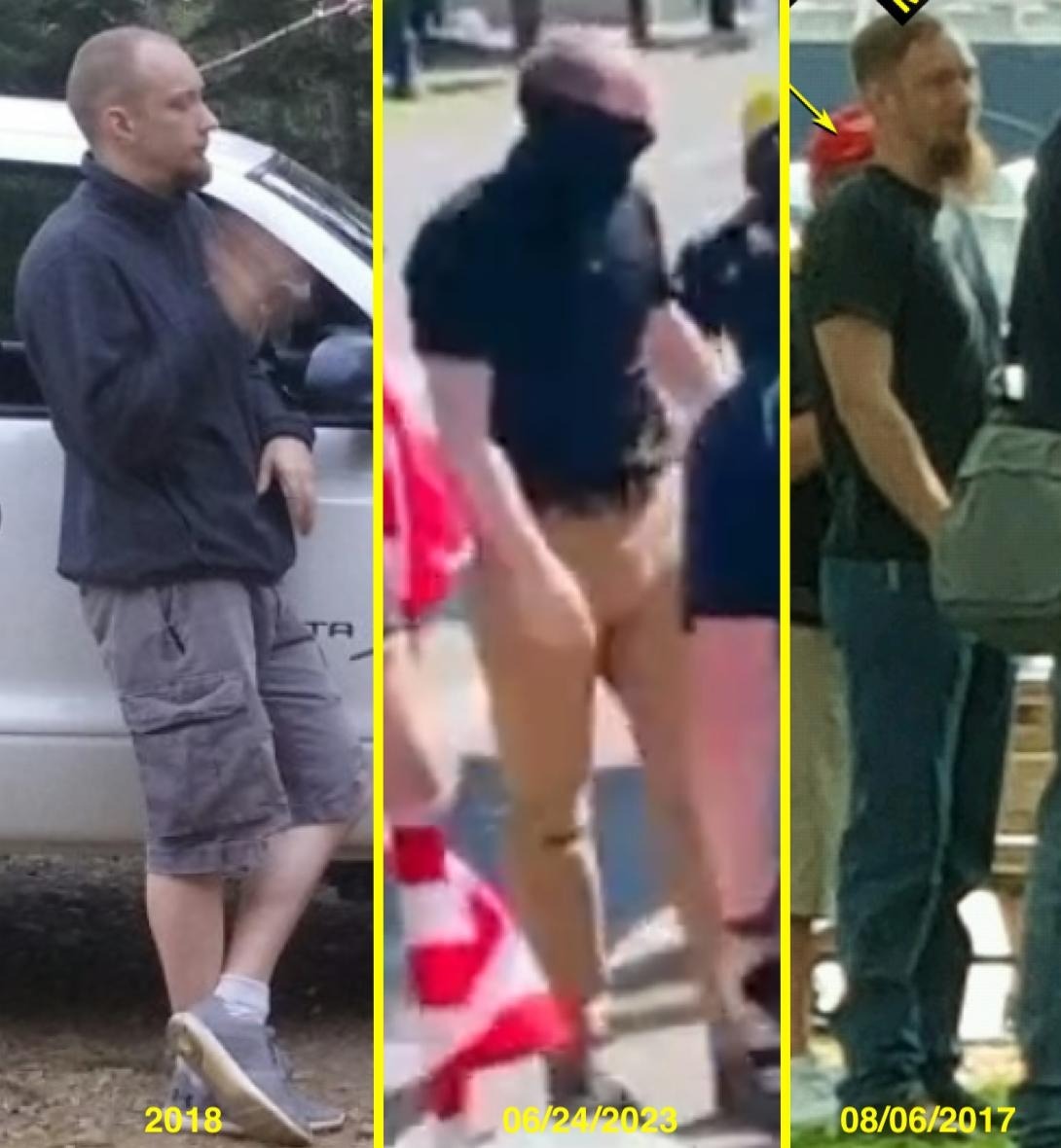 A series of pictures of Michael Dorsey.  The first is from 2018 while he leans against his truck, the second is after being unmasked during a fight with the Proud Boys in 2023, and the third is Dorsey in 2018.  He has the same distinctive receding hairline in all three pictures.