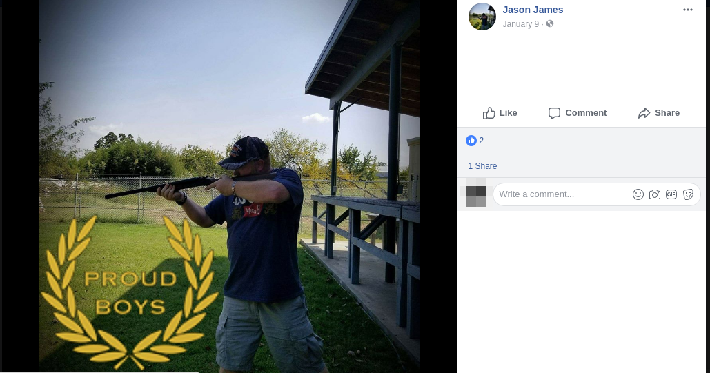 Jason James displays his affiliation with the Proud Boys hate group