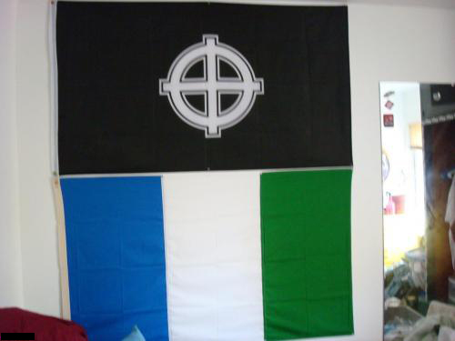 Chaseton Dale Word&rsquo;s flags, a white supremacist celtic cross flag, and a &ldquo;Cascadia&rdquo; colors flag.
