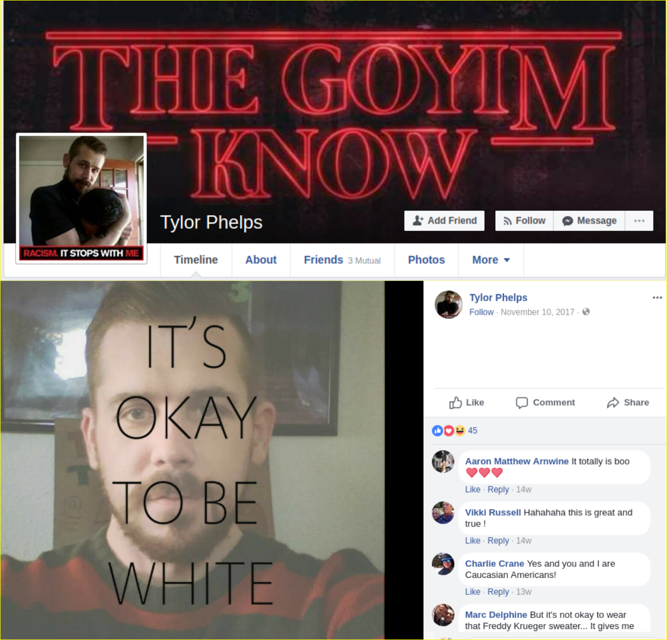 Tylor Phelps posts racist content on facebook