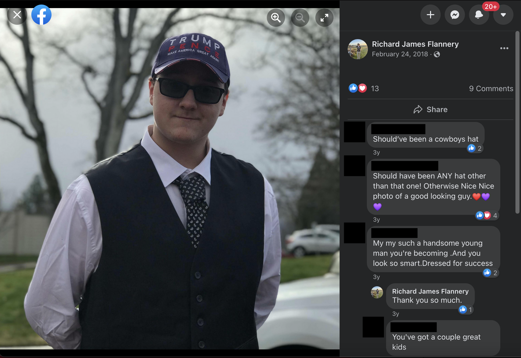 Richard James Flannery posts a photo of himself wearing a Trump supporter hat in 2018